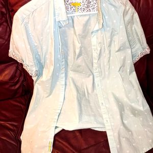 Denim and flower men's button shirt large